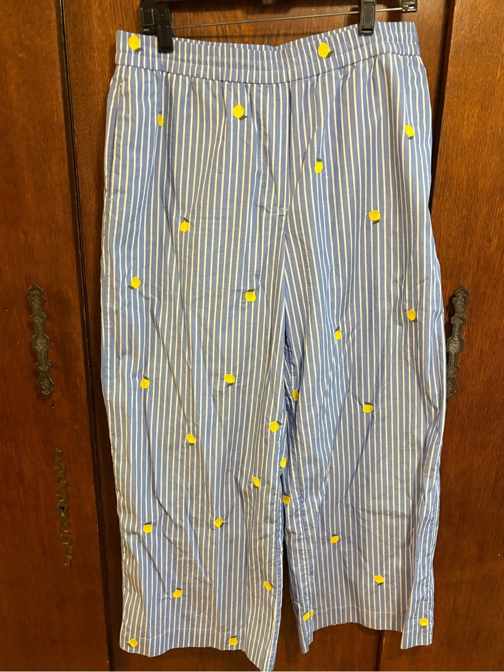 Nicole Miller Blue Striped Cotton Pants with Yellow Lemon Accents